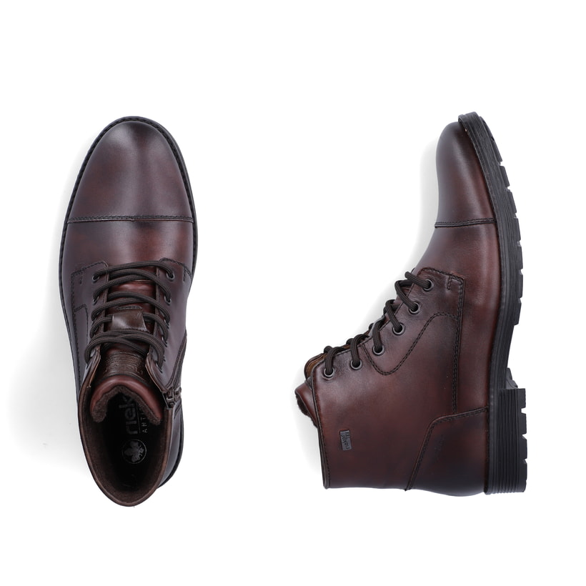 Dunkelbraune Rieker Herren Schnürstiefel F4546-25 aus Glattleder. Schuh von oben, liegend.