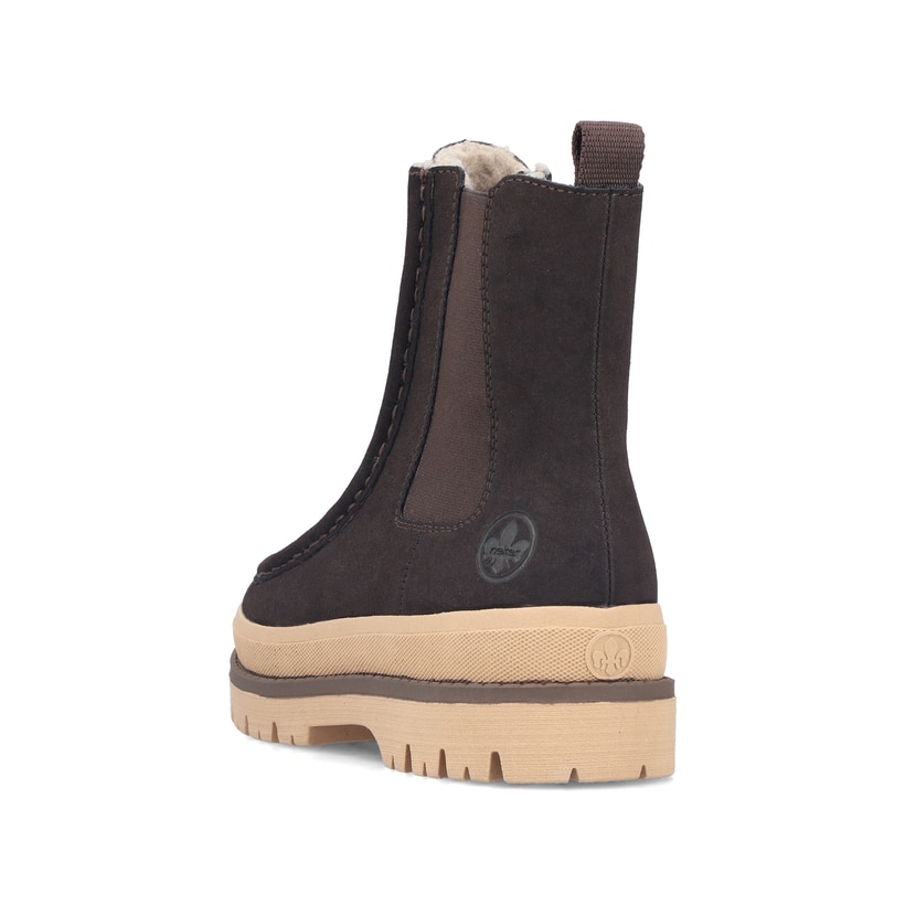 Dunkelbraun-beige Rieker Damen Chelsea Boots Y6272-25 mit einem Reißverschluss. Schuh von hinten.