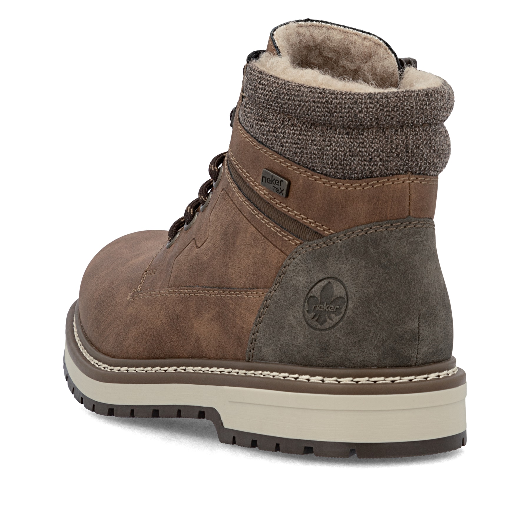 Dunkelbraune Rieker Herren Schnürstiefel F3811-24 mit einem Reißverschluss. Schuh von hinten.