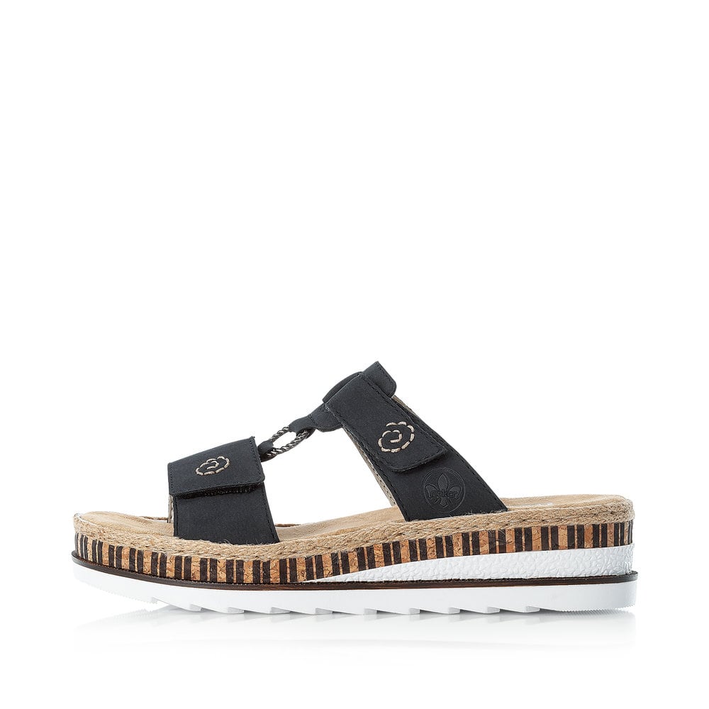 Dunkelblaue Rieker Damen Pantoletten V79N2-14 mit handgestickten Nähten. Schuh Außenseite.