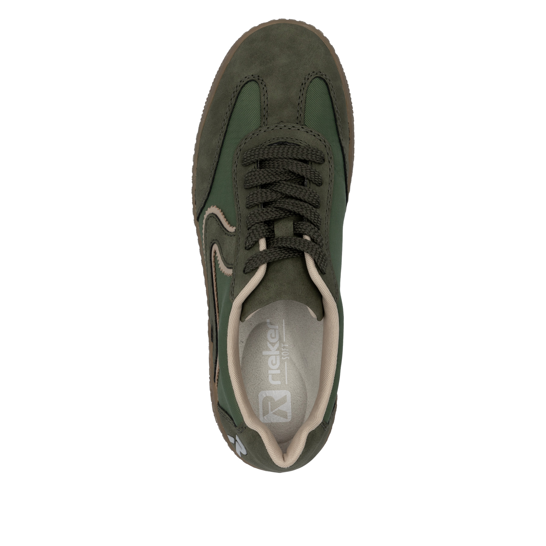 Grüne vegane Rieker Damen Sneaker Low M5512-54 mit einer Schnürung. Schuh von oben.