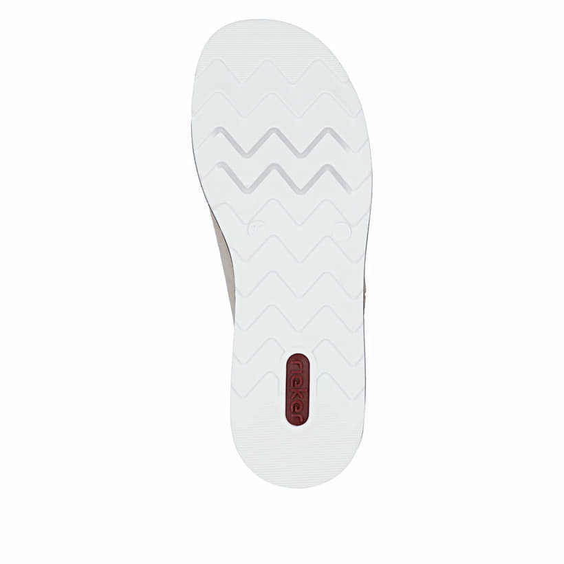 Beige Rieker Damen Pantoletten V7955-60 aus Rauleder mit trendiger Schnalle. Schuh Laufsohle.