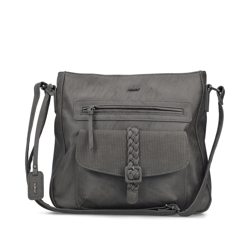 Sac à main Rieker H1340-42 gris avec lanière décorative tressée, fermeture éclair et poche pour téléphone portable. Face avant.
