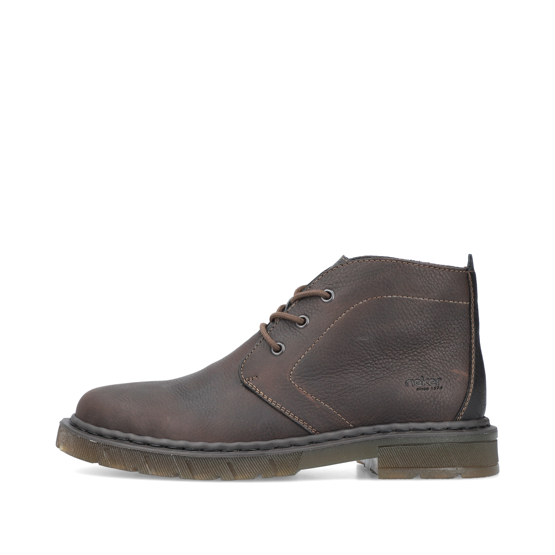 Dunkelbraune Rieker Herren Schnürstiefel 31640-25 mit einer robusten Profilsohle. Schuh Außenseite