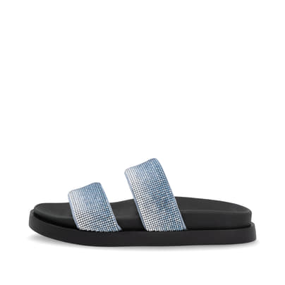 Blaue vegane Rieker Damen Pantoletten W1451-14 mit einer ultraleichten Sohle. Schuh Außenseite.
