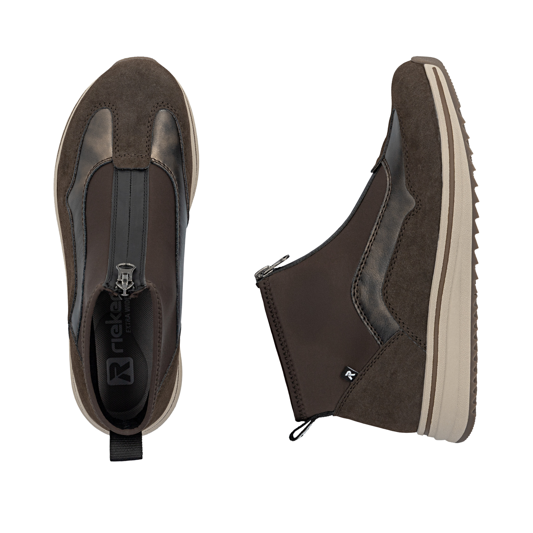 Braun-bronzefarbene Rieker Damen Kurzstiefel L5851-25 mit einem Reißverschluss. Schuh von oben, liegend.