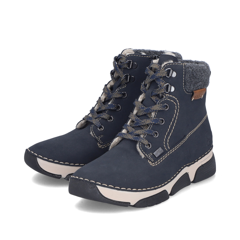 Dunkelblaue Rieker Damen Schnürstiefel 45925-14 mit einem Reißverschluss. Schuhpaar seitlich schräg.