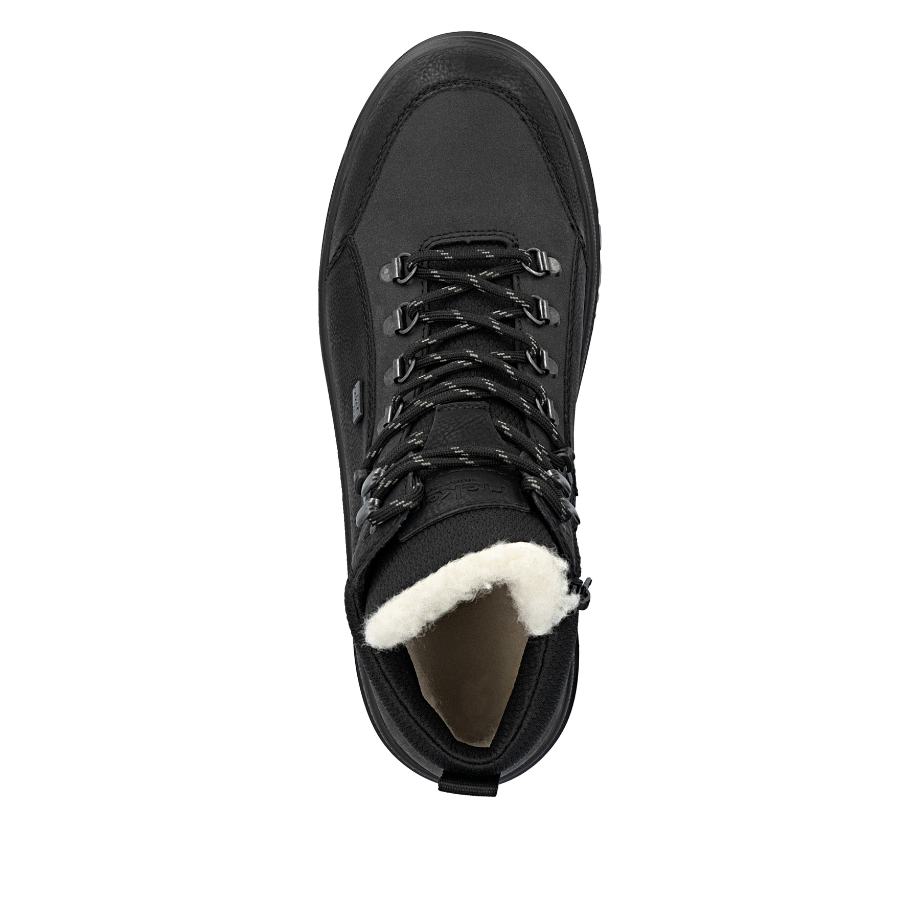 Asphaltschwarze Rieker Herren Schnürstiefel F5410-00 mit Flip-Grip Sohle mit Spikes. Schuh von oben