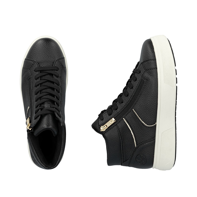 Schwarze Rieker Damen Sneaker High M7744-00 mit einem Reißverschluss. Schuh von oben, liegend.