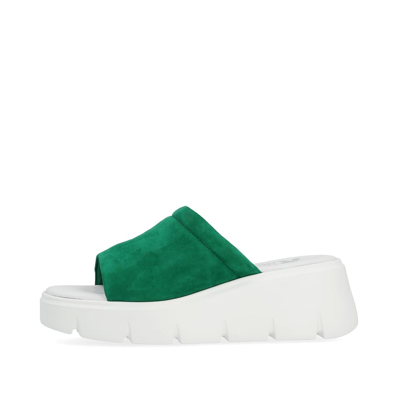 Grüne Rieker Damen Pantoletten W1551-52 mit ultra leichter und flexibler Sohle. Schuh Außenseite.