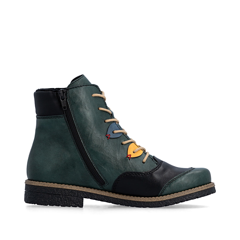 Blau-schwarze Rieker Damen Schnürstiefel 73510-90 mit farbenfrohen Details. Schuh Innenseite.