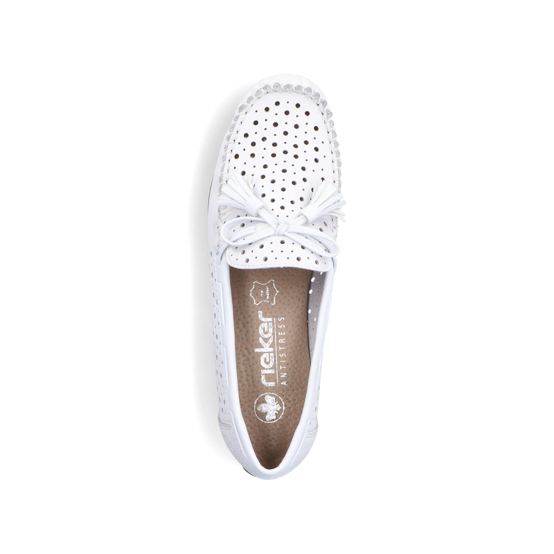 Mocassins Rieker blancs pour femme 40254-80 avec coupe étroite E 1/2. Chaussure vue de dessus.