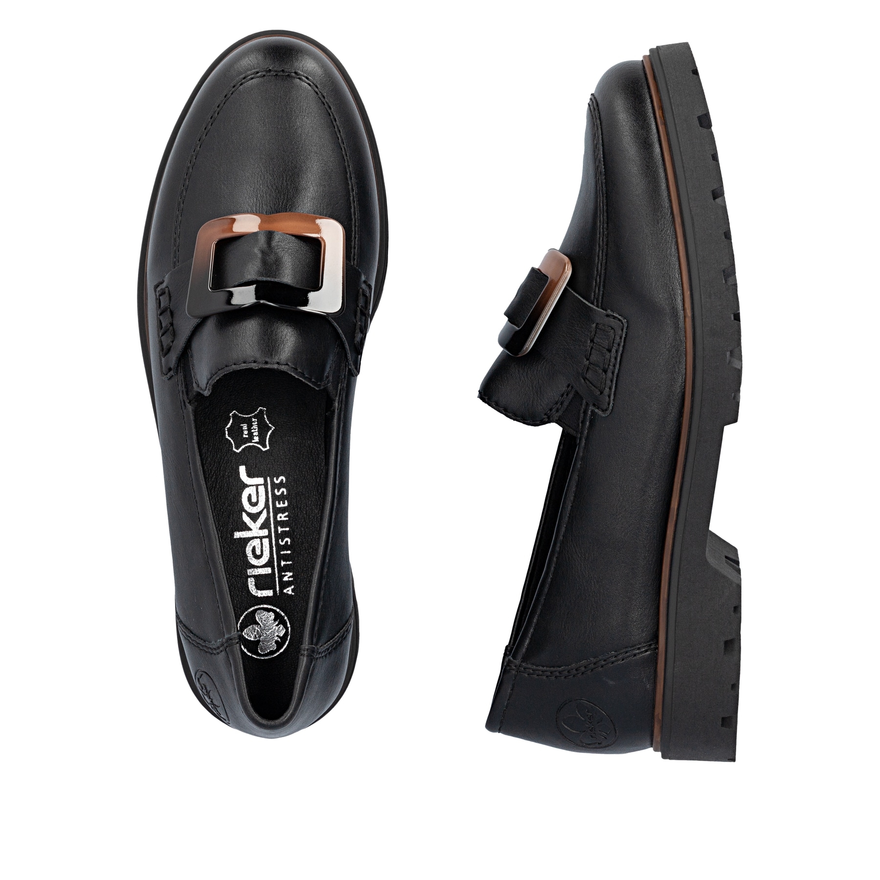 Mocassins Rieker noirs pour femmes 45553-00 avec éléments décoratifs. Chaussure vue de dessus, couchée.