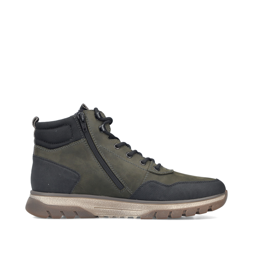 Dunkelgrün-schwarze Rieker Herren Schnürstiefel B9310-54 aus Rauleder. Schuh Innenseite.