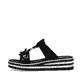 Schwarze Rieker Damen Pantoletten V0228-01 mit einem Klettverschluss. Schuh Außenseite.