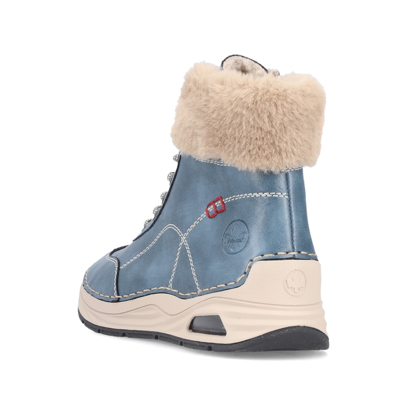 Blaubeige Rieker Damen Schnürstiefel 44530-14 mit Rieker Air Sohlenfenster. Schuh von hinten.