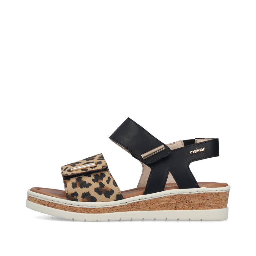Schwarze Rieker Damen Riemchensandalen V4181-00 mit angesagtem Animal-Print. Schuh Außenseite.