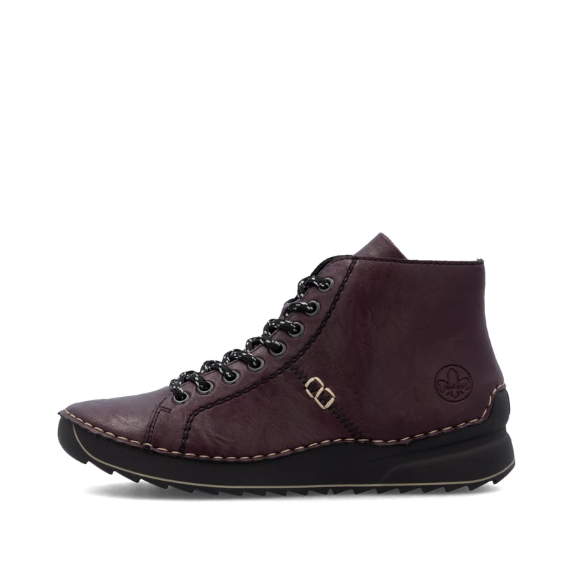 Dunkelrote Rieker Damen Schnürstiefel 71510-30 mit einem Reißverschluss. Schuh Außenseite.