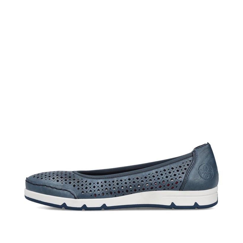 Ballerines Rieker bleues pour femme L3065-14 en optique Ã  trous. Côté extérieur de la chaussure.