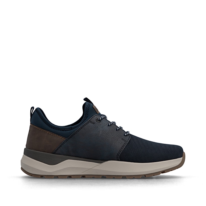 Dunkelblau-braune Rieker Herren Slipper 06058-14 mit Gummizug sowie Extraweite H. Schuh Innenseite.