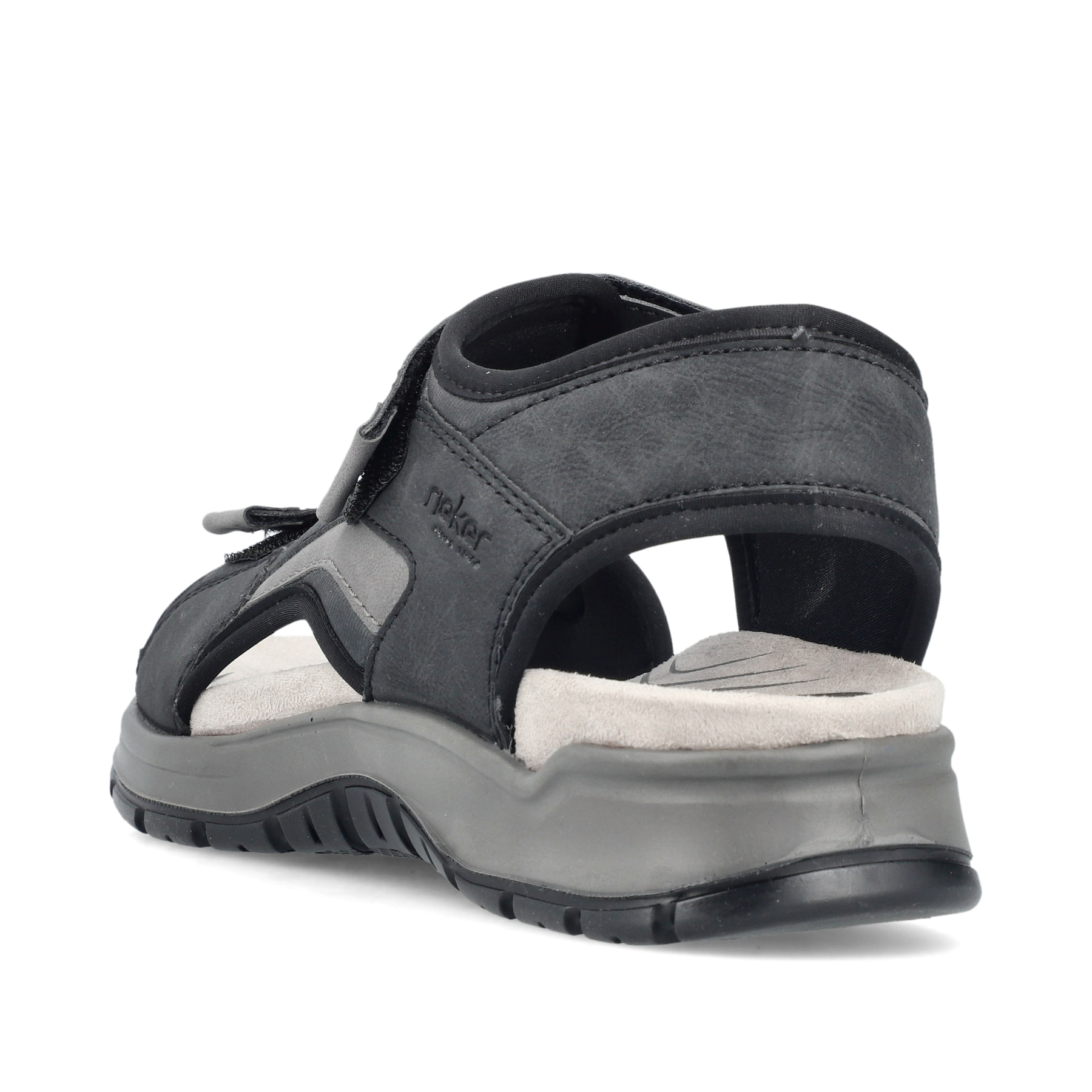 Schwarze Rieker Herren Trekkingsandalen 26952-00 mit einem Klettverschluss. Schuh von hinten.