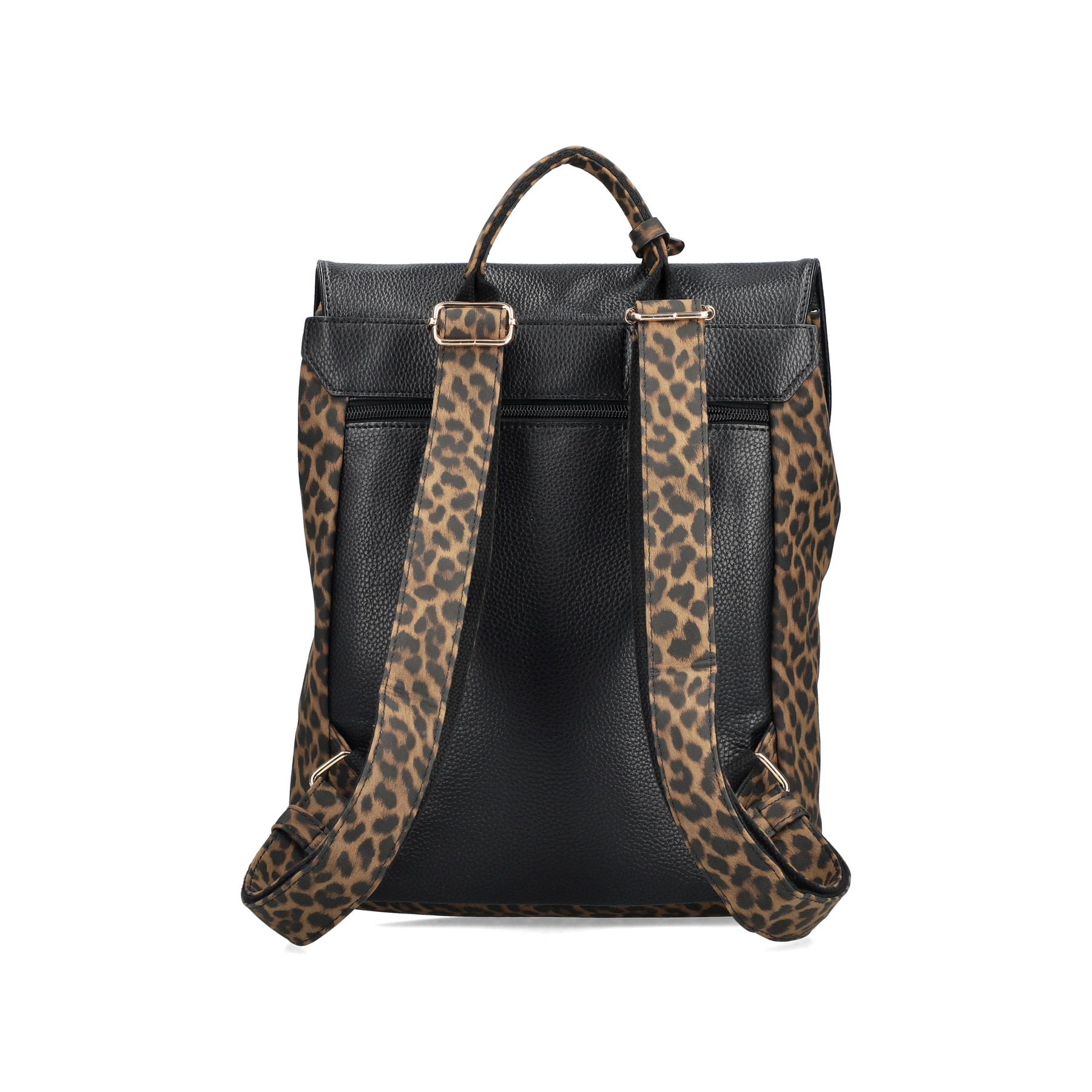 Rieker Rucksack H1357-24 in Animalprint mit bunten Details, Reißverschluss und Handyfach. Rückseite.