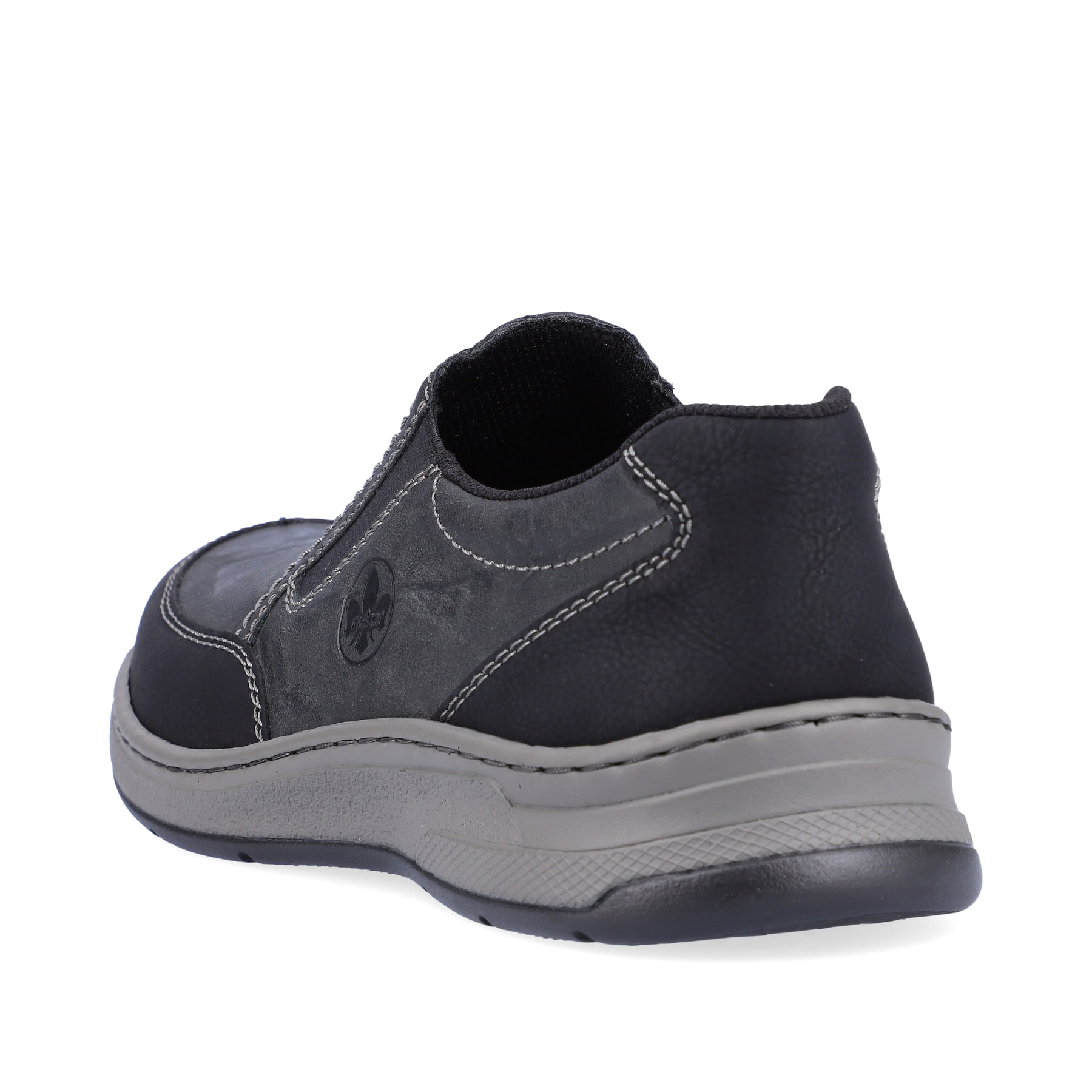Mocassins Rieker gris pour hommes 14362-00 avec bande élastique. Chaussure vue de l'arrière.