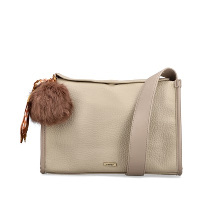Rieker Handtasche H1656-60 in Beige mit Puschel an der Seite, Reißverschluss und Handyfach. Vorderseite.