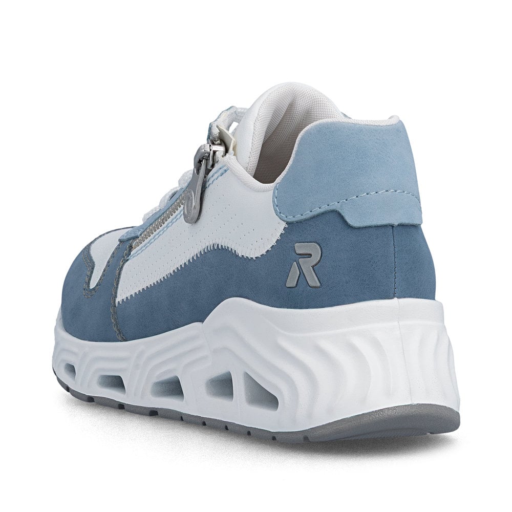 Baskets basses Rieker bleues pour femme N5204-12 avec fermeture éclair. Chaussure vue de l'arrière.