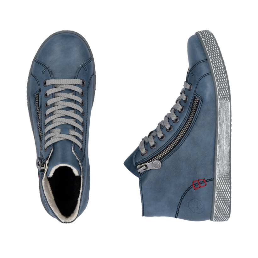 Royalblaue Rieker Damen Schnürstiefel Z1221-14 mit modernen Ziernähten. Schuh von oben, liegend.