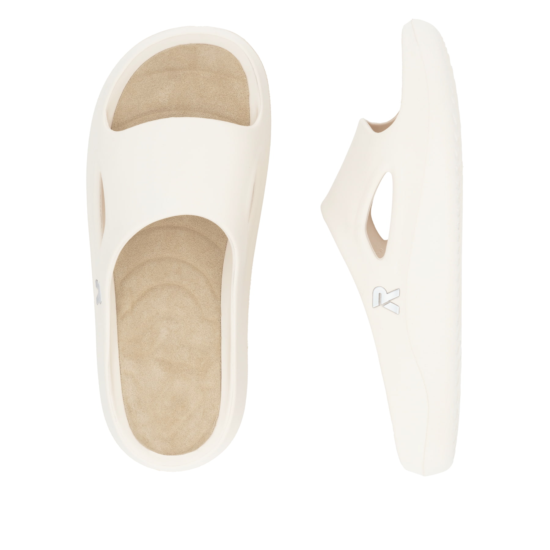 Beige Rieker Damen Pantoletten W3350-60 mit flexibler und ultraleichter Sohle. Schuh von oben, liegend.