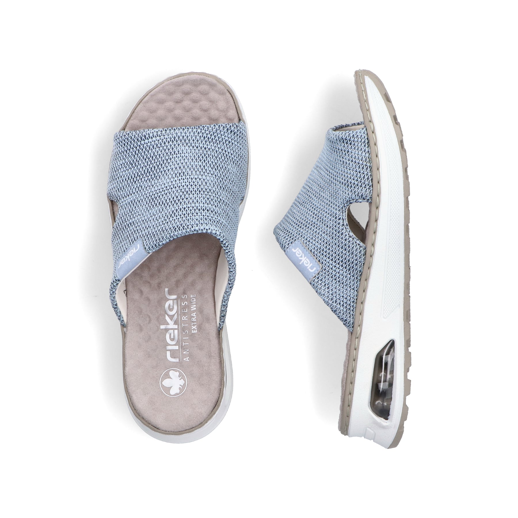 Blaue vegane Rieker Damen Pantoletten 65651-12 mit Rieker Air Sohlenfenster. Schuh von oben, liegend.