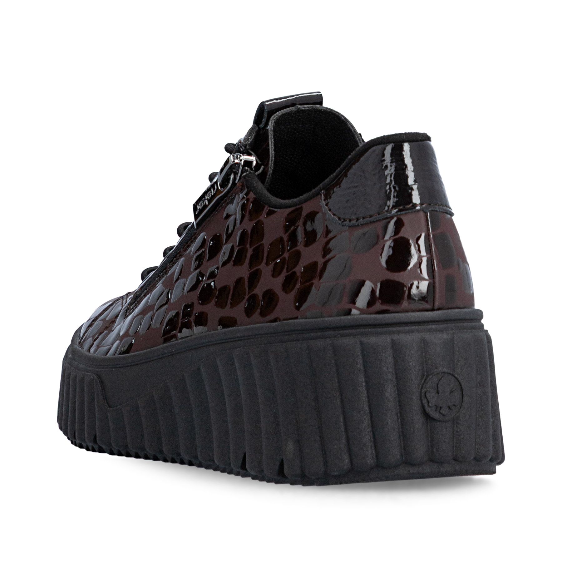 Dunkelbraune Rieker Damen Sneaker Low N2555-25 mit einem Reißverschluss. Schuh von hinten.