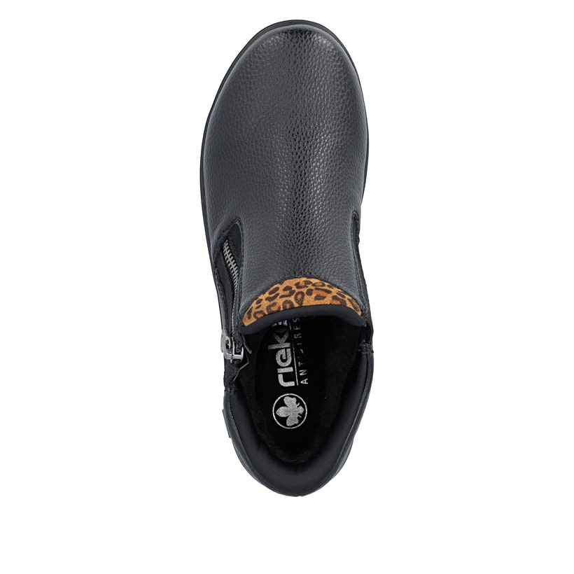 Schwarze Rieker Damen Kurzstiefel Z0059-00 mit wasserabweisender TEX-Membran. Schuh von oben.