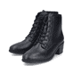 Mitternachtsschwarze Rieker Damen Stiefeletten 73930-00 mit einem Reißverschluss. Schuhpaar seitlich schräg.