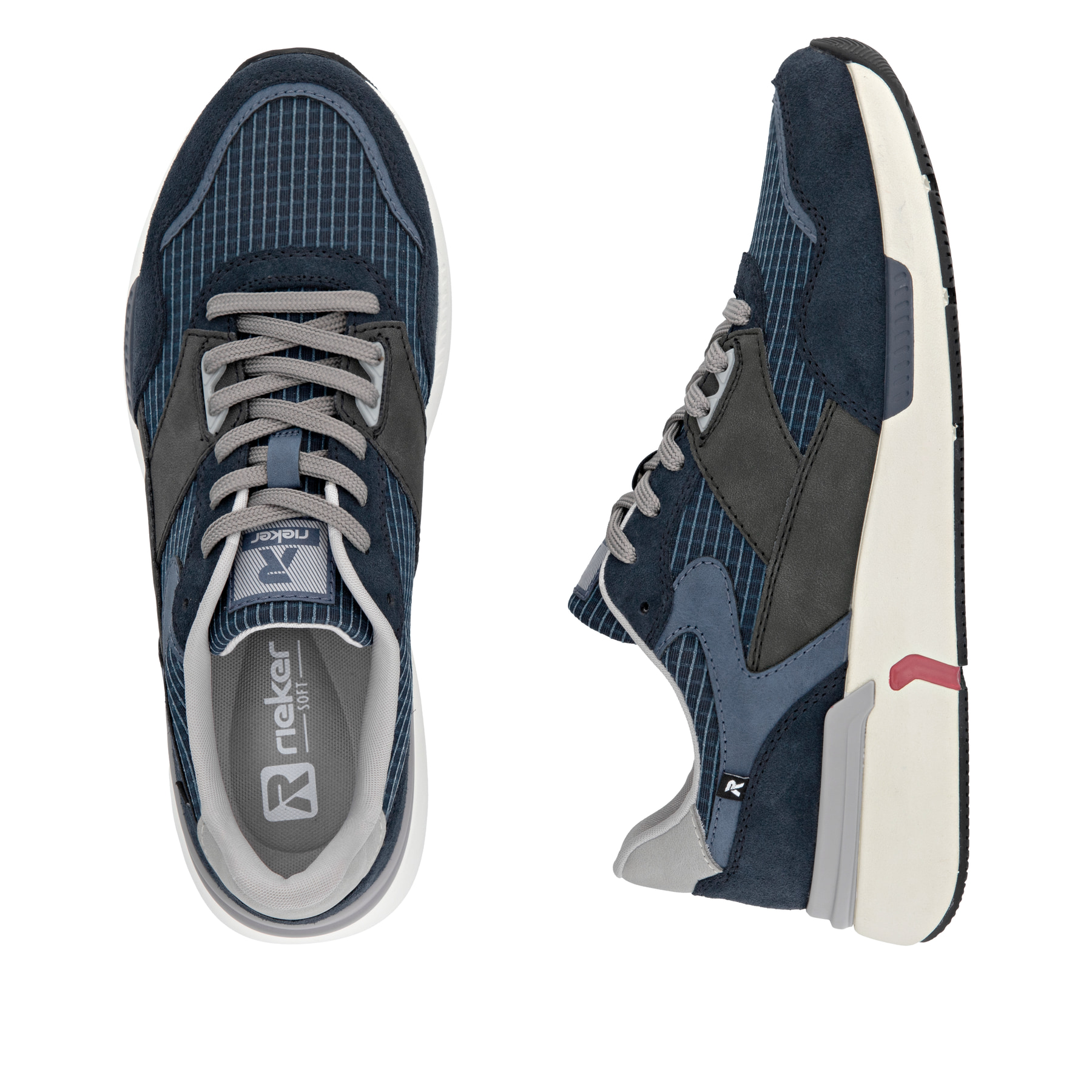 Blaue Rieker Herren Sneaker Low U1402-14 mit Schnürung sowie ultraleichter Sohle. Schuh von oben, liegend.