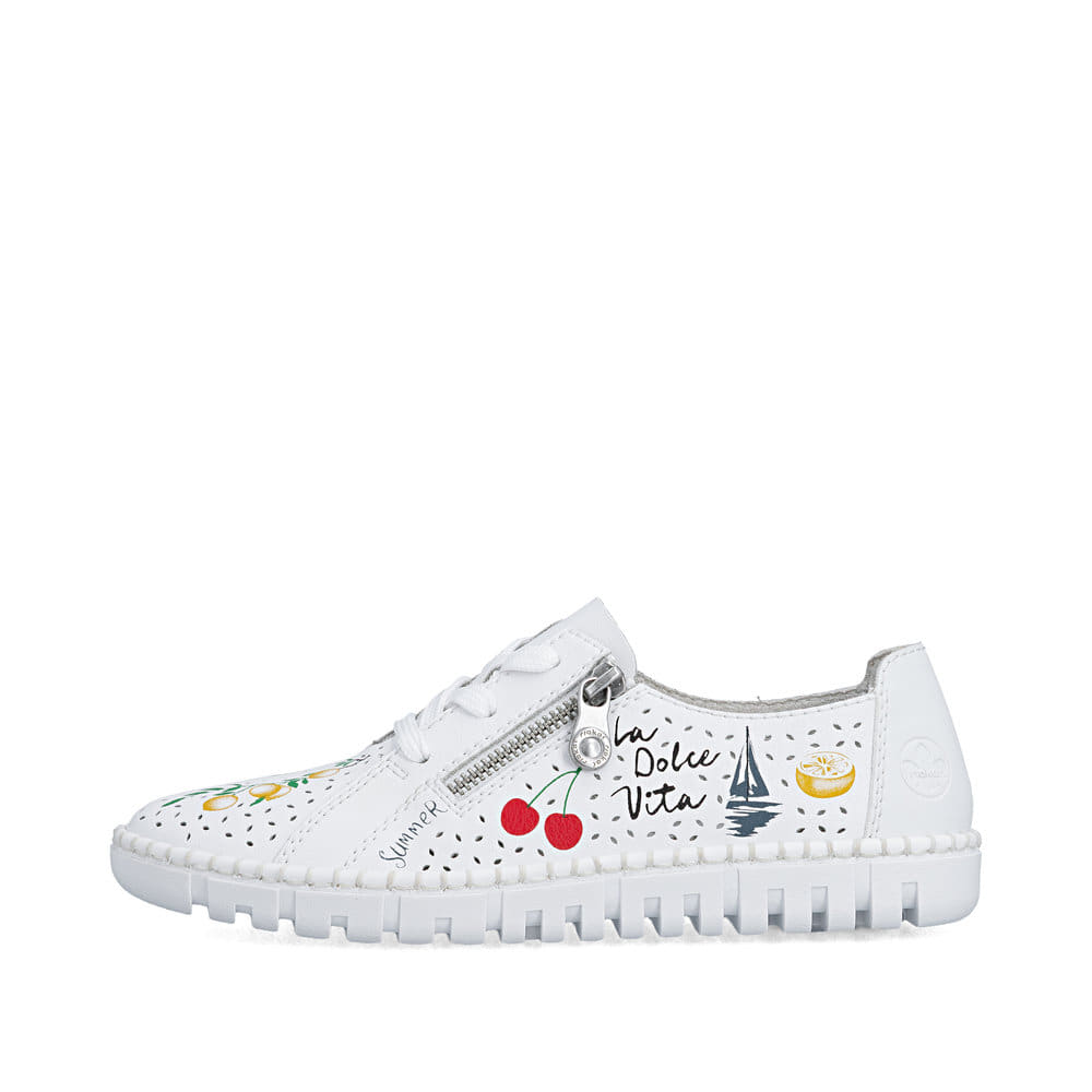 Chaussures à lacets Rieker blanches pour femme M2310-80 en cuir lisse. Côté extérieur de la chaussure.