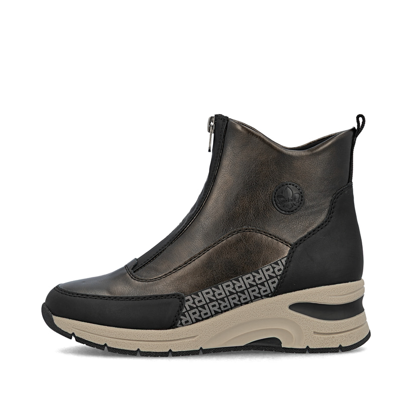 Bronzene Rieker Damen Kurzstiefel N9381-60 mit Metallic-Finish. Schuh Außenseite.
