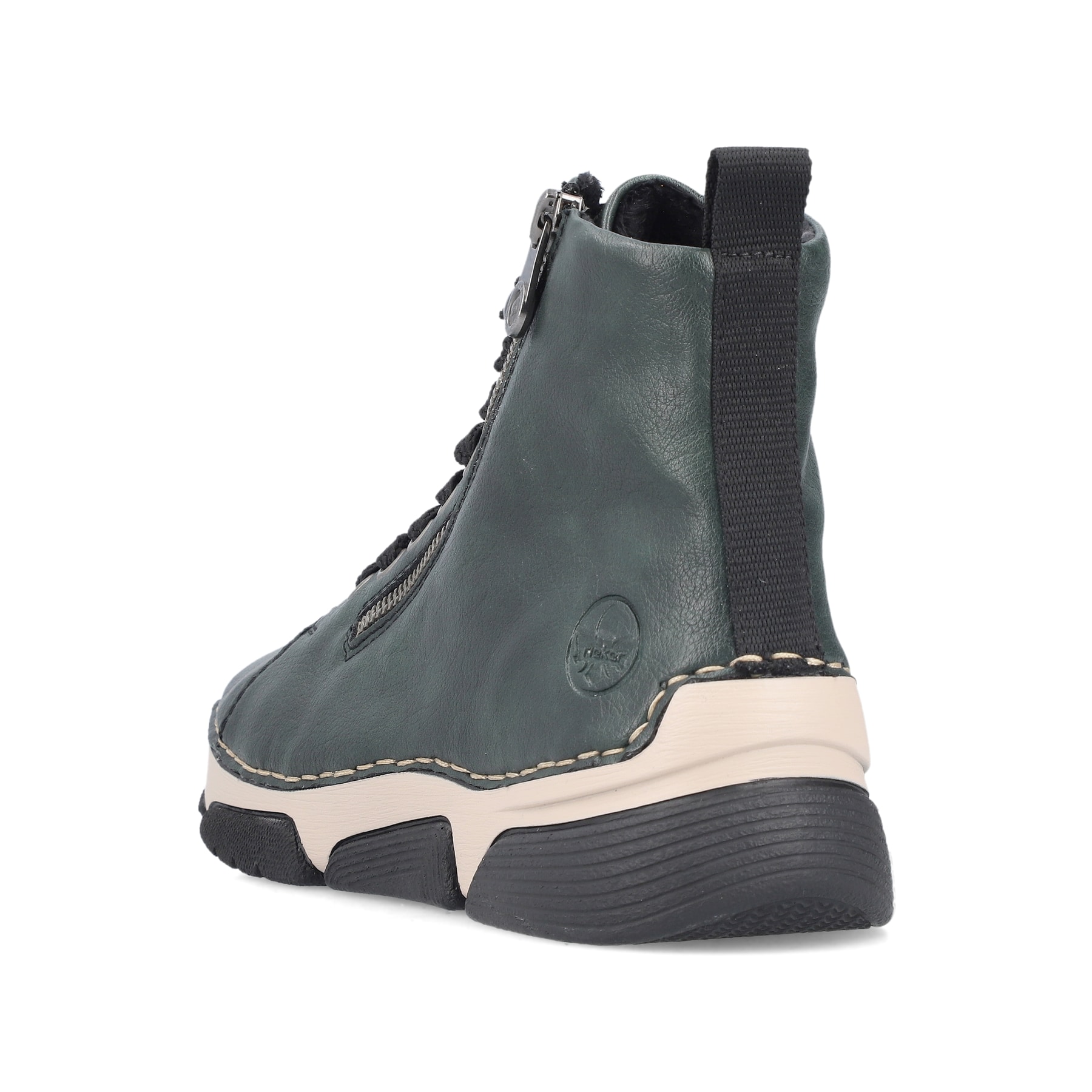 Dunkelgrüne Rieker Damen Schnürstiefel 45920-54 mit einem Reißverschluss. Schuh von hinten.