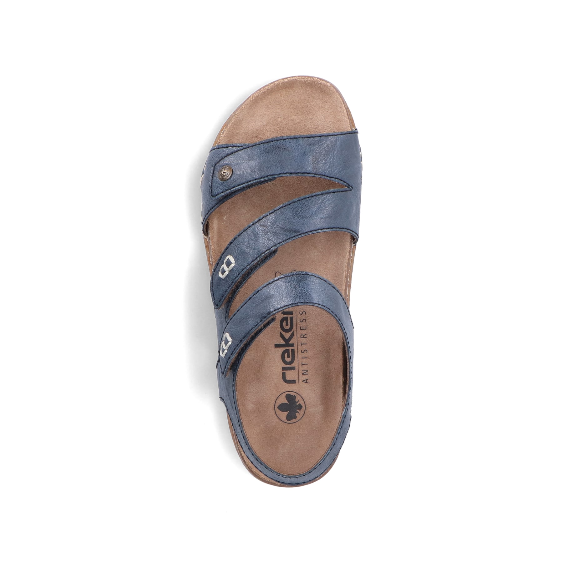 Blaue Rieker Damen Riemchensandalen 61402-12 mit einem Klettverschluss. Schuh von oben.