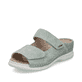 Grüne Rieker Damen Pantoletten V7492-52 mit Klettverschluss sowie Extraweite H. Schuh seitlich schräg.