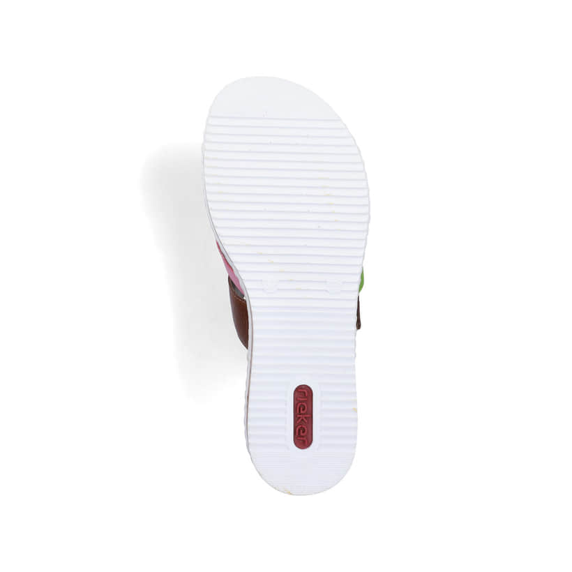 Mehrfarbige Rieker Damen Pantoletten V3652-96 mit einem Klettverschluss. Schuh Laufsohle.