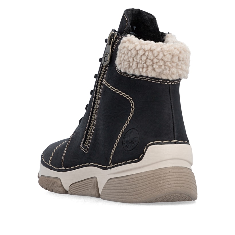 Schwarzbeige Rieker Damen Schnürstiefel 45931-00 mit einem Reißverschluss. Schuh von hinten.
