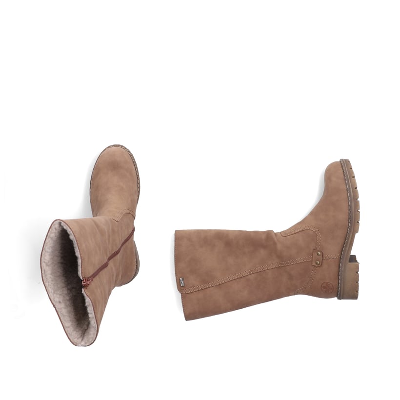 Beige Rieker Damen Hochschaftstiefel Y9180-20 mit wasserabweisender TEX-Membran. Schuh von oben, liegend.