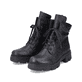 Nachtschwarze Rieker Damen Biker Boots 74624-00 mit einem Reißverschluss. Schuhpaar seitlich schräg.
