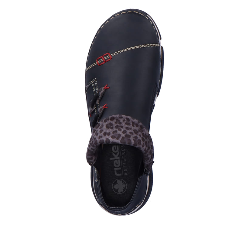 Schwarz-graue Rieker Damen Kurzstiefel 45983-00 mit einem Reißverschluss. Schuh von oben.