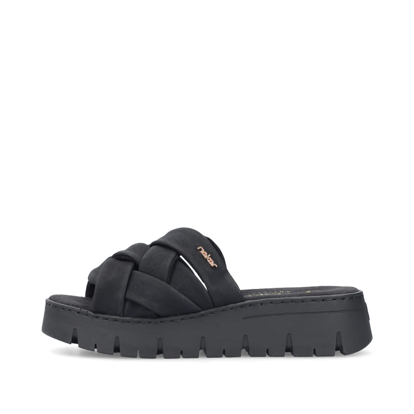 Nachtschwarze Rieker Damen Pantoletten V1008-00 mit geflochtenem Riemen. Schuh Außenseite.