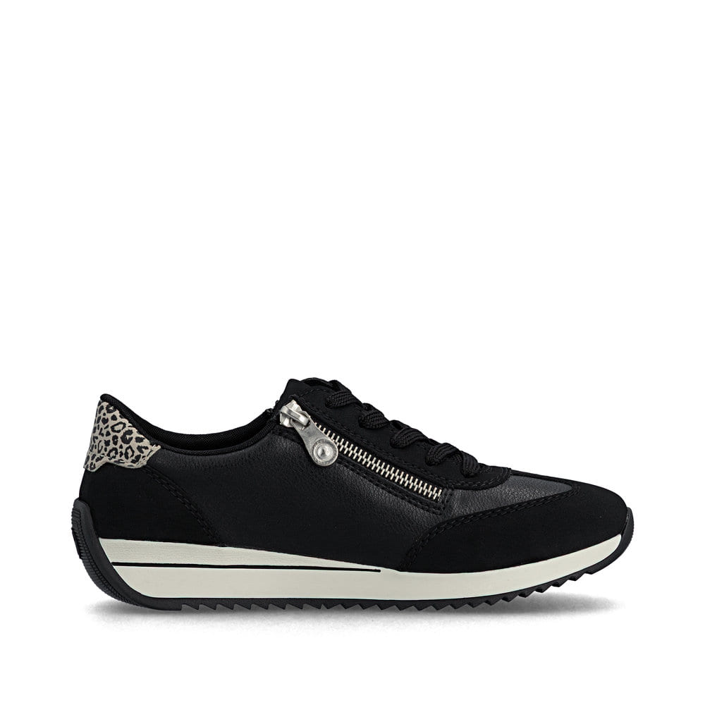 Schwarze Rieker Damen Schnürschuhe N1210-00 mit einem Reißverschluss. Schuh Innenseite.