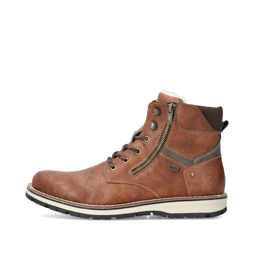 
Karamellbraune Rieker Herren Schnürstiefel 38425-25 mit Schnürung und Reißverschluss. Schuh Außenseite