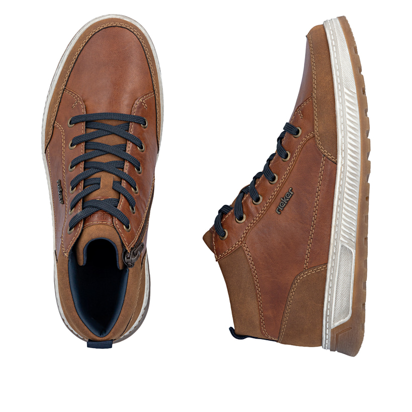 Braune Rieker Herren Sneaker High 37006-25 mit Reißverschluss sowie Extraweite H. Schuh von oben, liegend.